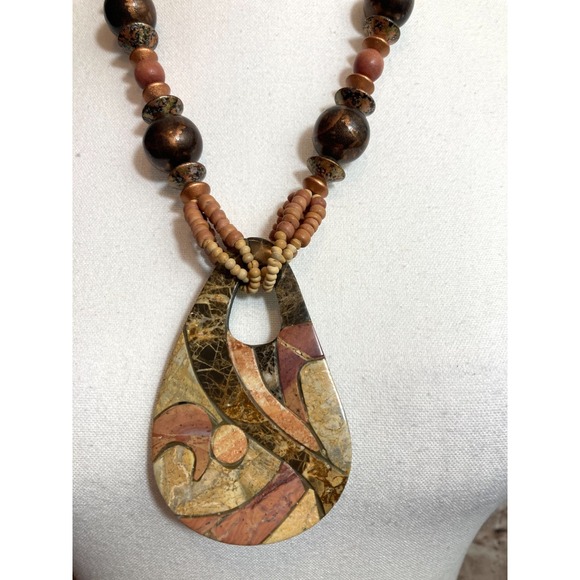 Boho Artisan Necklace Multi Strand Mauve Beads Large Teardrop Pendant Earth Tone - Picture 13 of 13